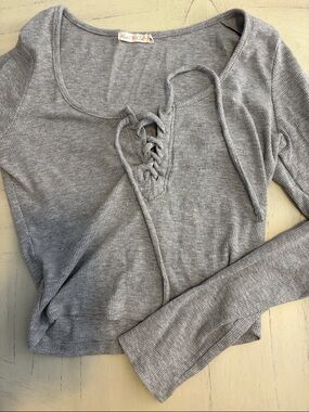 Heart Hips Gray Ribbed Lace-Up Long Sleeve Top